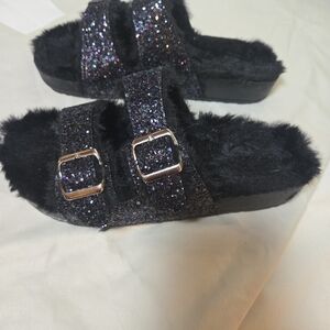 Sparkly Black Women's Fuzzy Slide Sandals